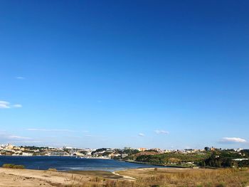 Scenic view of lake against blue sky