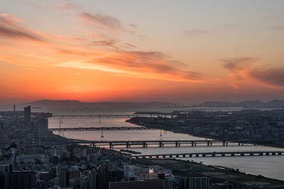 View of river amidst cityscape against sky during sunset