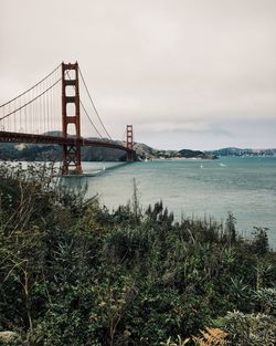 View of suspension bridge over sea