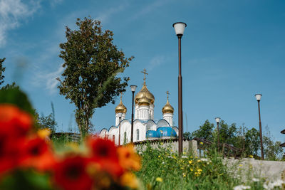 Low angle view of street light by building against sky