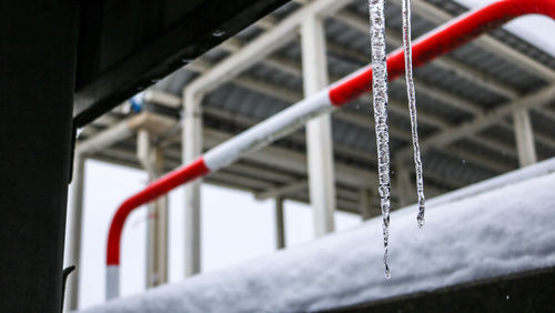 Close-up of railing against building in winter