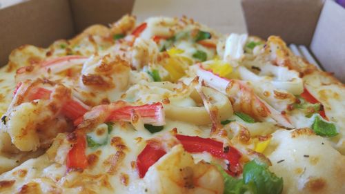 Close-up of seafood pizza
