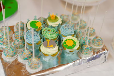 High angle view of cupcakes on table