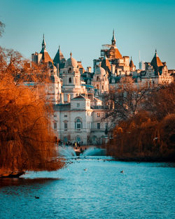 Buildings by lake