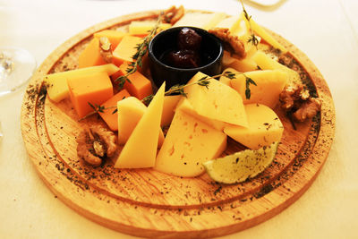 High angle view of breakfast served on table