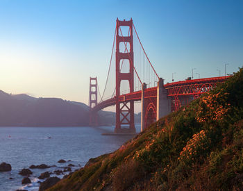 View of suspension bridge against clear sky