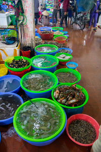 High angle view of vegetables for sale in market