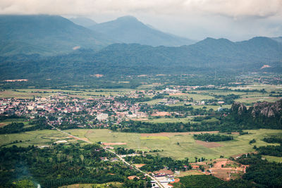 High angle view of landscape and mountains against sky