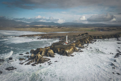 Lighthouse on the pacific coast from above, point arena, california