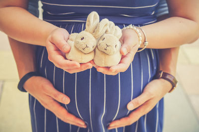 Midsection of pregnant woman holding stuffed toy