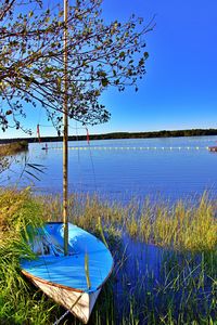 Scenic view of lake against clear blue sky