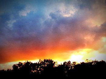 Low angle view of silhouette trees against dramatic sky