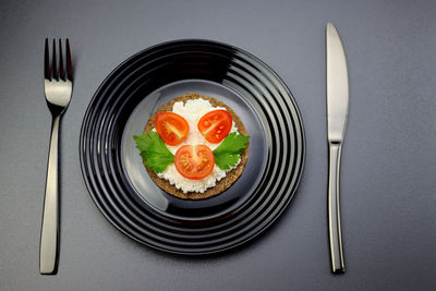 High angle view of food in plate on table