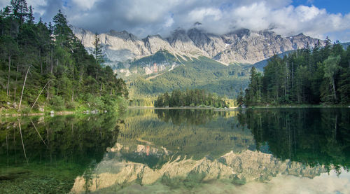 Scenic view of lake and mountains against sky