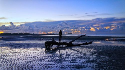 Silhouette man on beach against sky during sunset