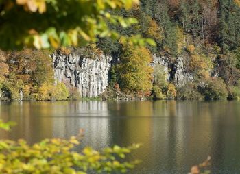 Scenic view of lake in forest during autumn