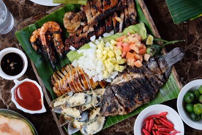 High angle view of food in plate on table