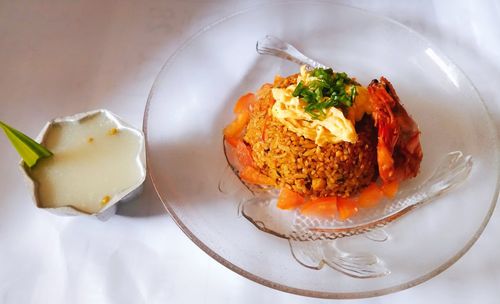 High angle view of food in plate on table