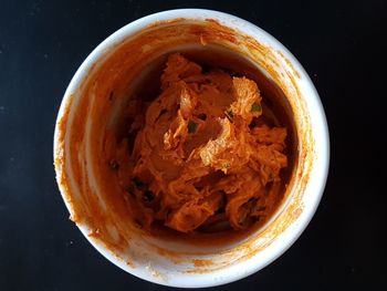 High angle view of soup in bowl on table