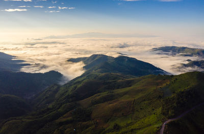 Scenic view of mountains against sky during sunset