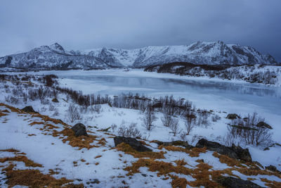 Scenic view of snow covered mountains against sky