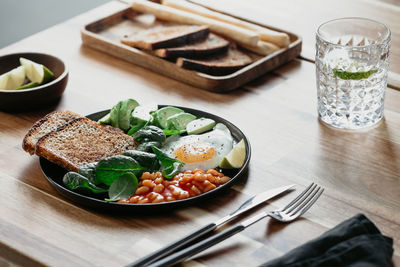 High angle view of food served on table