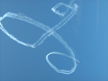 Low angle view of planes flying in sky during airshow