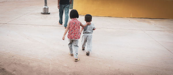 Rear view of friends walking on road