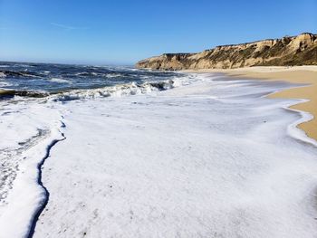 Scenic view of beach against clear sky