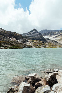 Scenic view of lake and mountains against sky