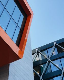 Low angle view of modern building against clear blue sky