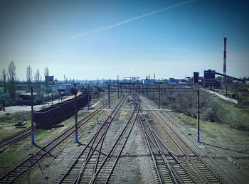 High angle view of railway tracks against clear sky
