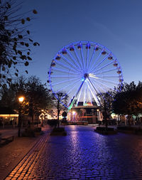 Illuminated ferris wheel against sky at night