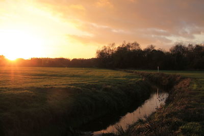 Scenic view of grassy field against sky at sunset