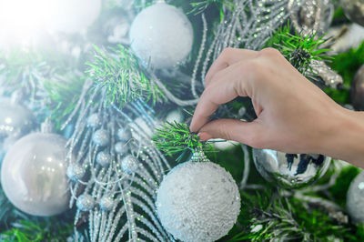Woman decorates christmas tree. hands hanging ornaments on a christmas tree. christmas balls