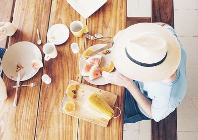 High angle view of breakfast on table