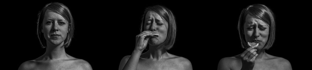 Multiple image of shirtless woman eating lemon against black background