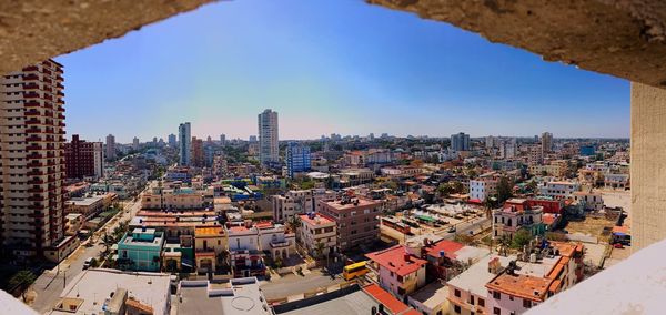 Aerial view of buildings against sky in city