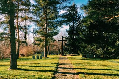 Pathway amidst grassy field leading towards cross at cemetery