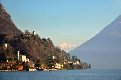 Scenic view of sea and mountains against clear sky