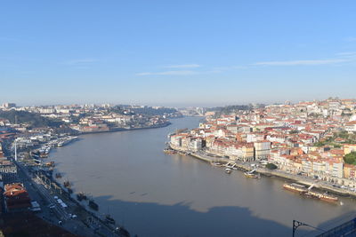 High angle view of river amidst buildings in city against sky