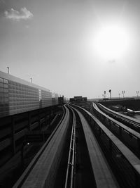 Railroad tracks in city against sky