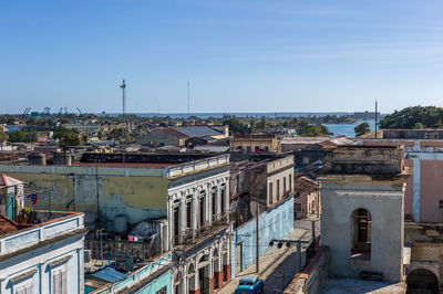 High angle view of cityscape against sky