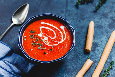 High angle view of soup in bowl on table