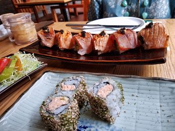 High angle view of sushi in plate on table