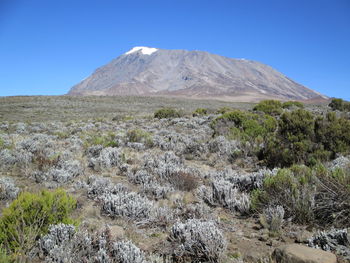 Scenic view of mountains against clear blue sky