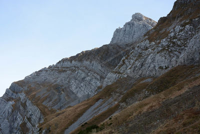 Low angle view of rocky mountains against sky