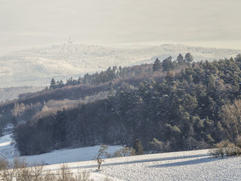 Scenic view of snow covered land against sky