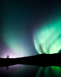 Scenic view of aurora borealis over lake against sky at night