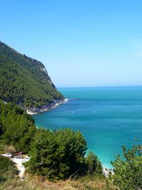 Scenic view of sea against clear blue sky